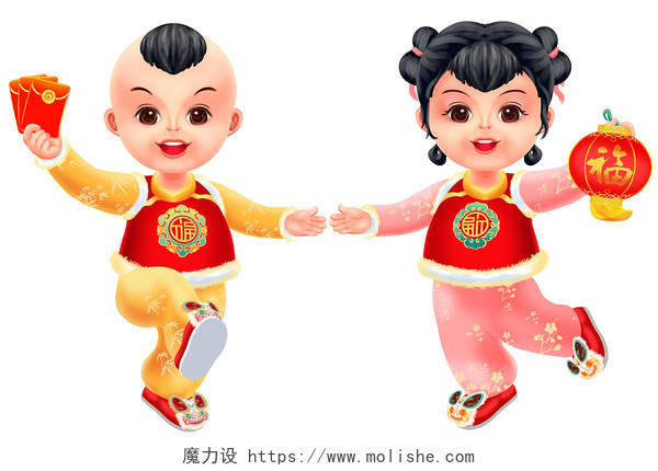 可爱卡通过年福娃娃龙凤胎男女孩子插画新年春节年画元素